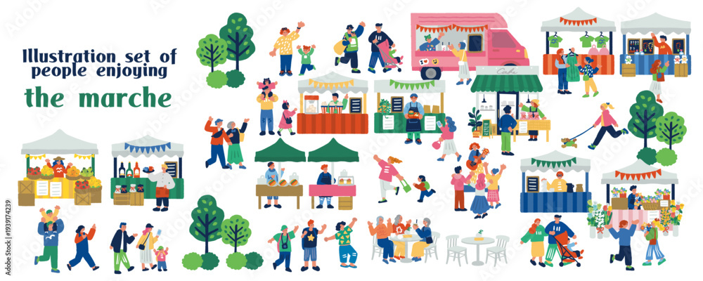 Obraz premium マルシェイベント風景 人々で賑わう屋外マーケットのイラスト
