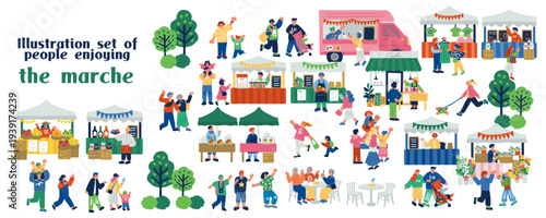 マルシェイベント風景 人々で賑わう屋外マーケットのイラスト