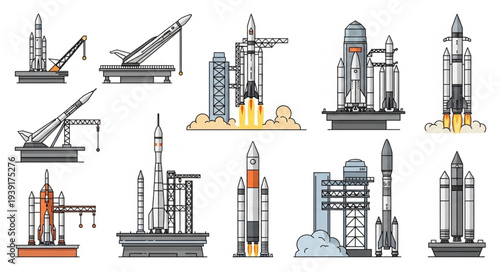 Collection of Space Rockets and Launch Pads.