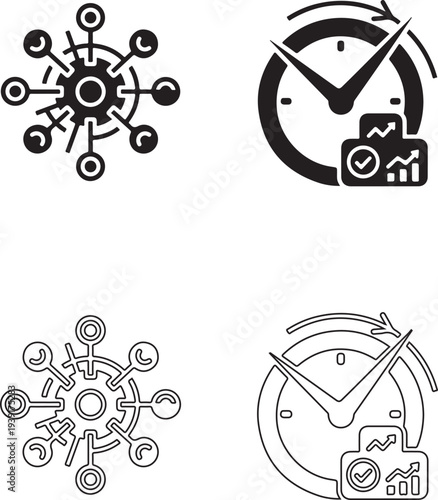 Business productivity and time management icons in solid style. Efficiency, deadline control, workflow systems and performance dashboard symbols for corporate strategy and project planning..eps