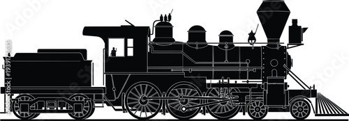 Vintage steam locomotive silhouette illustration, classic railway engine side view, retro train transport vector, black steam train design, historical railroad transportation icon