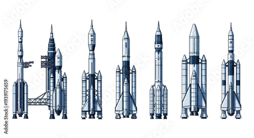Collection of various rockets and spacecraft standing ready for launch.