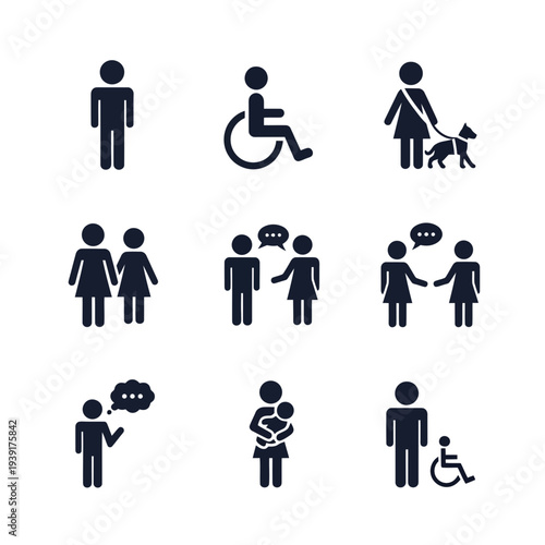 Inclusive Icons: A collection of symbolic icons representing diversity, inclusivity, and various human experiences. Each icon communicates a specific aspect of modern society.