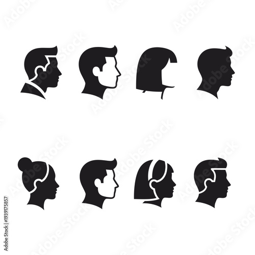 Silhouette Profiles: A collection of diverse head silhouettes showcasing various hairstyles, offering a glimpse into human diversity through simple yet elegant graphical representations.