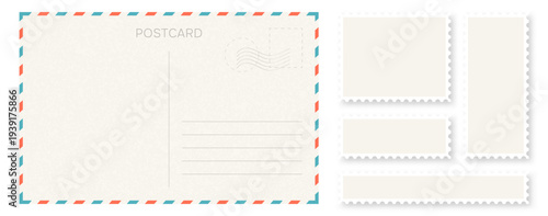 Blank retro postcard template with stamps and address lines. Retro postcard design with stylish decorative frames and space for text. Minimalist postcard layout with blank postage stamps. Vector