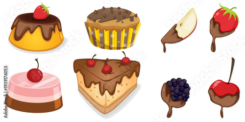 Set of 8 Chocolate Desserts and Fruit Dips Vector Illustrations