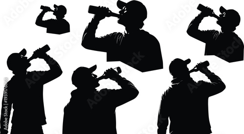 Black silhouette set of a young man in a cap drinking from a glass bottle isolated on a white background
