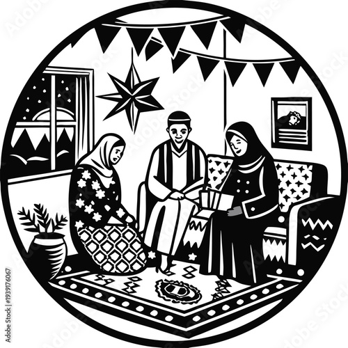 Vector illustration of 3 people in traditional Middle Eastern clothing sitting in a decorated living room