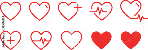 Heart symbols and medical icons in red