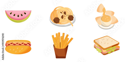 Set of 6 food icons vector with watermelon, spaghetti, nachos, hot dog, french fries, and sandwich