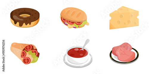 Set of 6 food items vector icons including donut, sandwich, cheese, wrap, soup, and meat