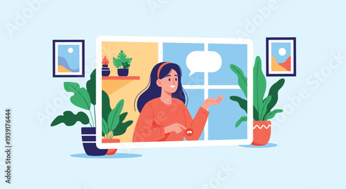 Young woman having online video conference call from home office environment with potted plants and cozy room decor illustration.