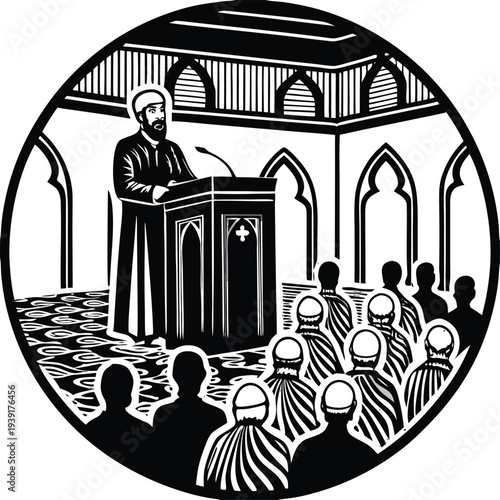 Vector illustration of a Muslim man giving a speech in a mosque