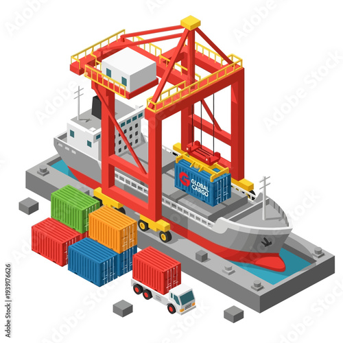 Isometric illustration of cargo ship with containers and cranes at dock.