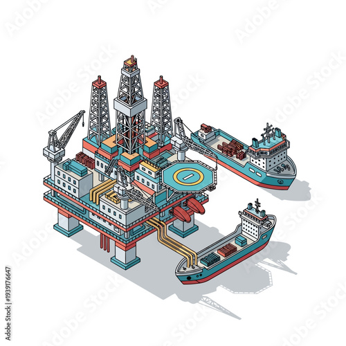 Isometric Offshore Oil Rig Platform with Supply Ships.