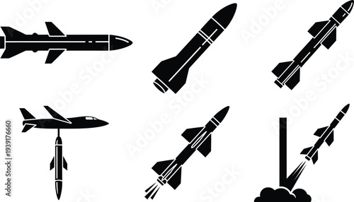Set of 7 missile and rocket icons vector