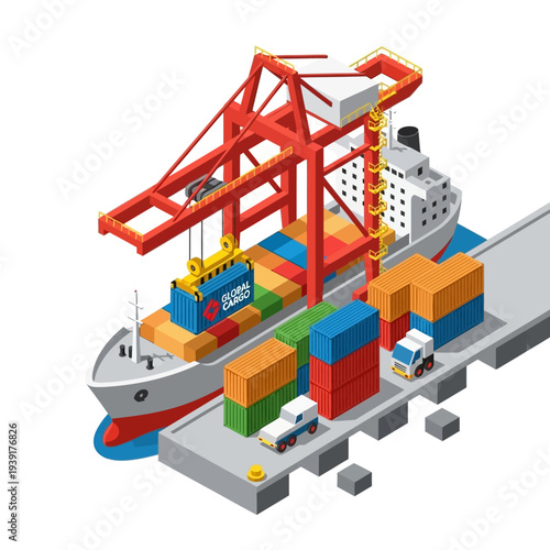 Cargo ship docked at a port with containers being loaded and unloaded.