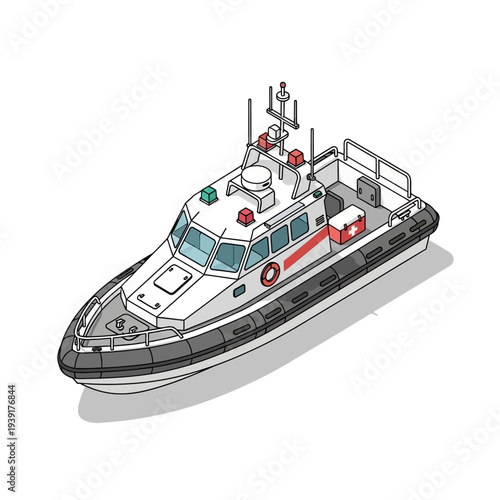 Isometric illustration of a rescue boat with red life preserver.