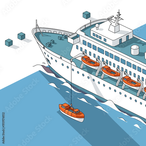 Cargo ship with lifeboats and cargo containers in the ocean.