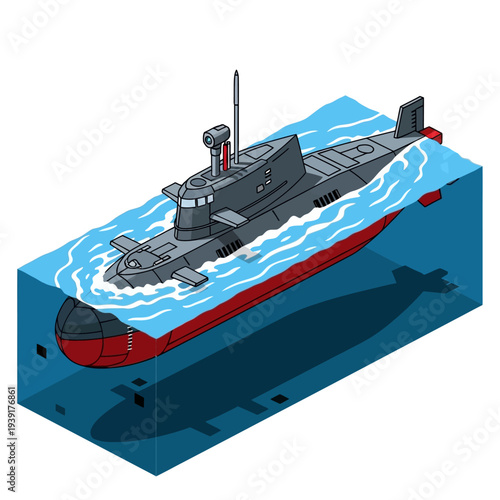 Illustration of a submarine underwater with shadow on the ocean floor.