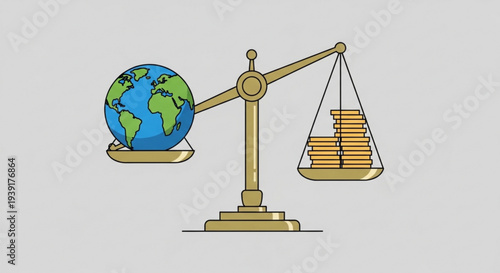 Earth weighed against stacks of money on balance scale