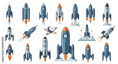 Collection of diverse rockets and spacecraft in various designs and sizes.