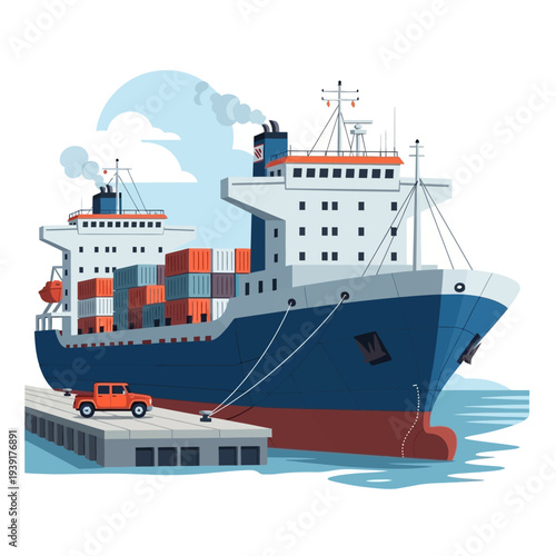 Cargo ship docked at a port with containers and a vehicle on the quay.