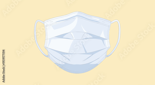 Three ply disposable medical face mask illustration on light yellow background for healthcare and respiratory protection.