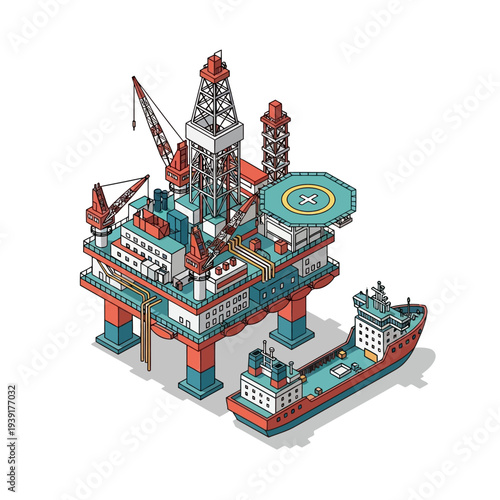 Isometric illustration of an offshore oil rig with a supply ship.
