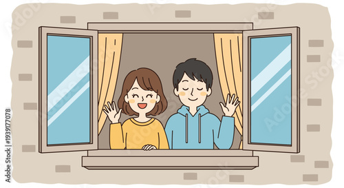 Friendly young couple smiling and waving from their apartment window to neighbors during stay home quarantine period.