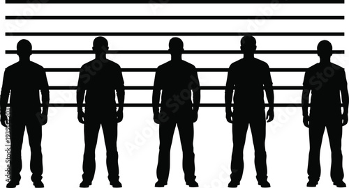 Police lineup height chart with male suspect silhouettes standing in identification row vector illustration