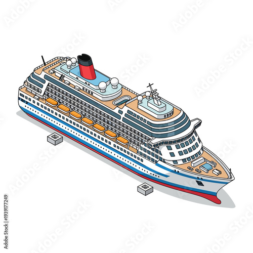 Luxury Cruise Ship Illustration with Multiple Decks and Lifeboats.