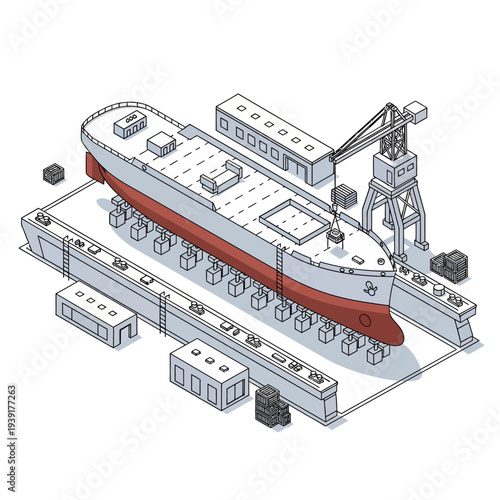 Dry dock ship repair and maintenance facility with cranes and equipment.