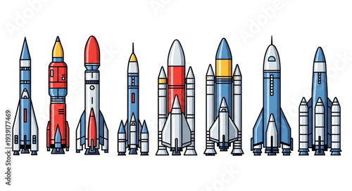 Collection of colorful rockets and spacecraft in a row.