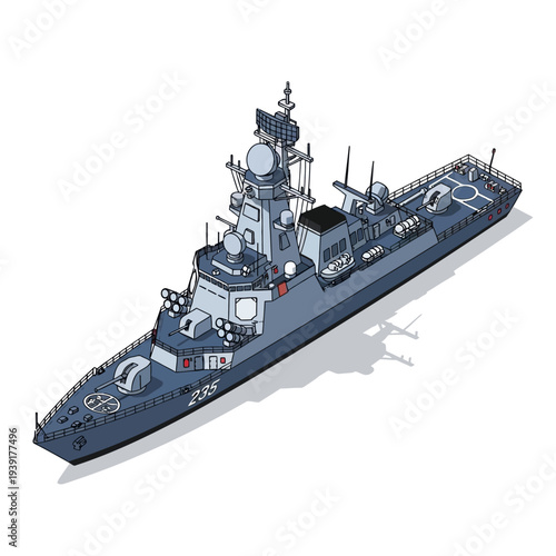 Modern Naval Warship Illustration with Detailed Features.