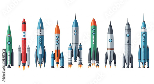 Collection of Retro Style Rockets and Spaceships Lined Up.