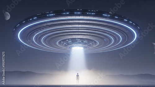 Minimal Sci Fi Scene With UFO Emitting Vertical Energy Beam