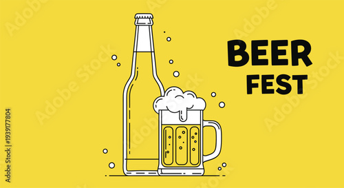 Illustration of cold beer bottle and glass mug with foam for beer fest celebration event on bright yellow background.