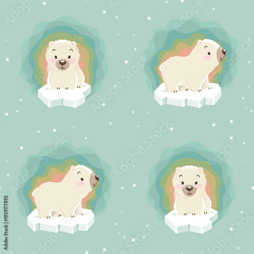 Cute polar bear cubs on the icebergs with aurora and constellations. Seamless pattern, print, wrapping. Vector illustration.