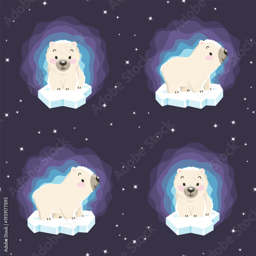 Cute polar bear cubs on the icebergs with aurora and constellations. Seamless pattern, print, wrapping. Vector illustration.