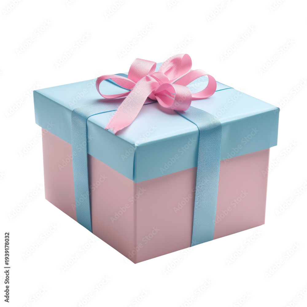Obraz premium Pink gift box with blue ribbon and bow, studio close-up isolated on Transparent Background