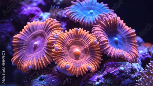 Vibrant closeup photograph of colorful coral polyps on a reef