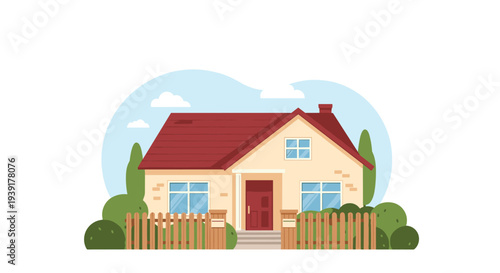 Charming suburban family house building with red roof wooden fence and green garden bushes under blue sky clouds.
