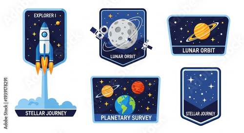 Space exploration mission patches with rockets planets and stars.