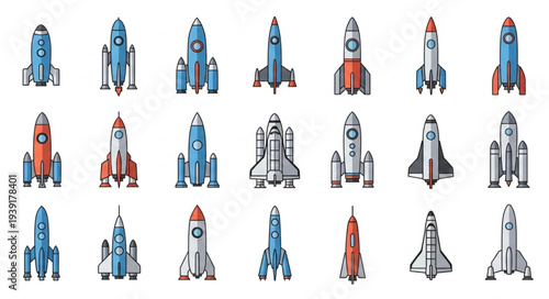 Collection of cartoon rockets and spaceships for space exploration.