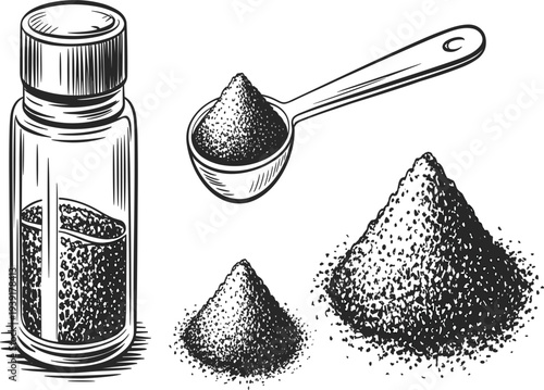Organic sea salt shaker, measuring spoon, and heaps of ground black pepper, hand drawn sketch