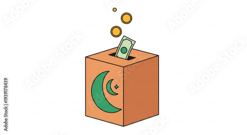 A vector graphic illustration of a donation box with a crescent moon symbol and money being inserted