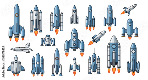 Collection of cartoon rockets and spaceships in various designs.