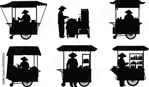 Street food vendor carts silhouettes with Asian market sellers cooking and selling food vector illustration set