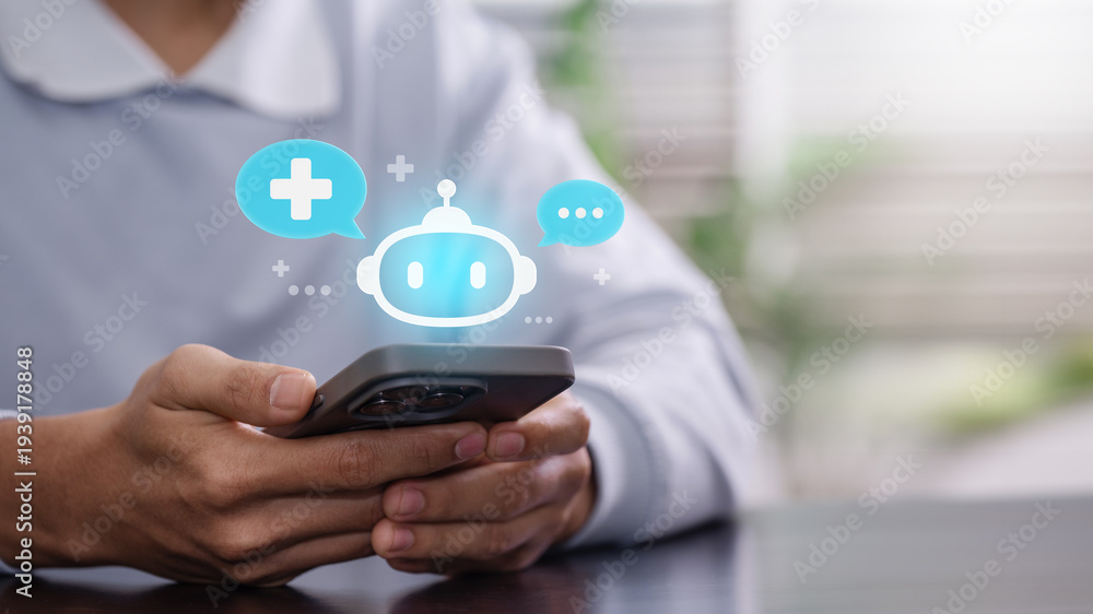 Obraz premium AI healthcare chatbot and digital medical assistance. person using smartphone with healthcare chatbot interface, ai medical assistant for digital health consultation, online medical support
